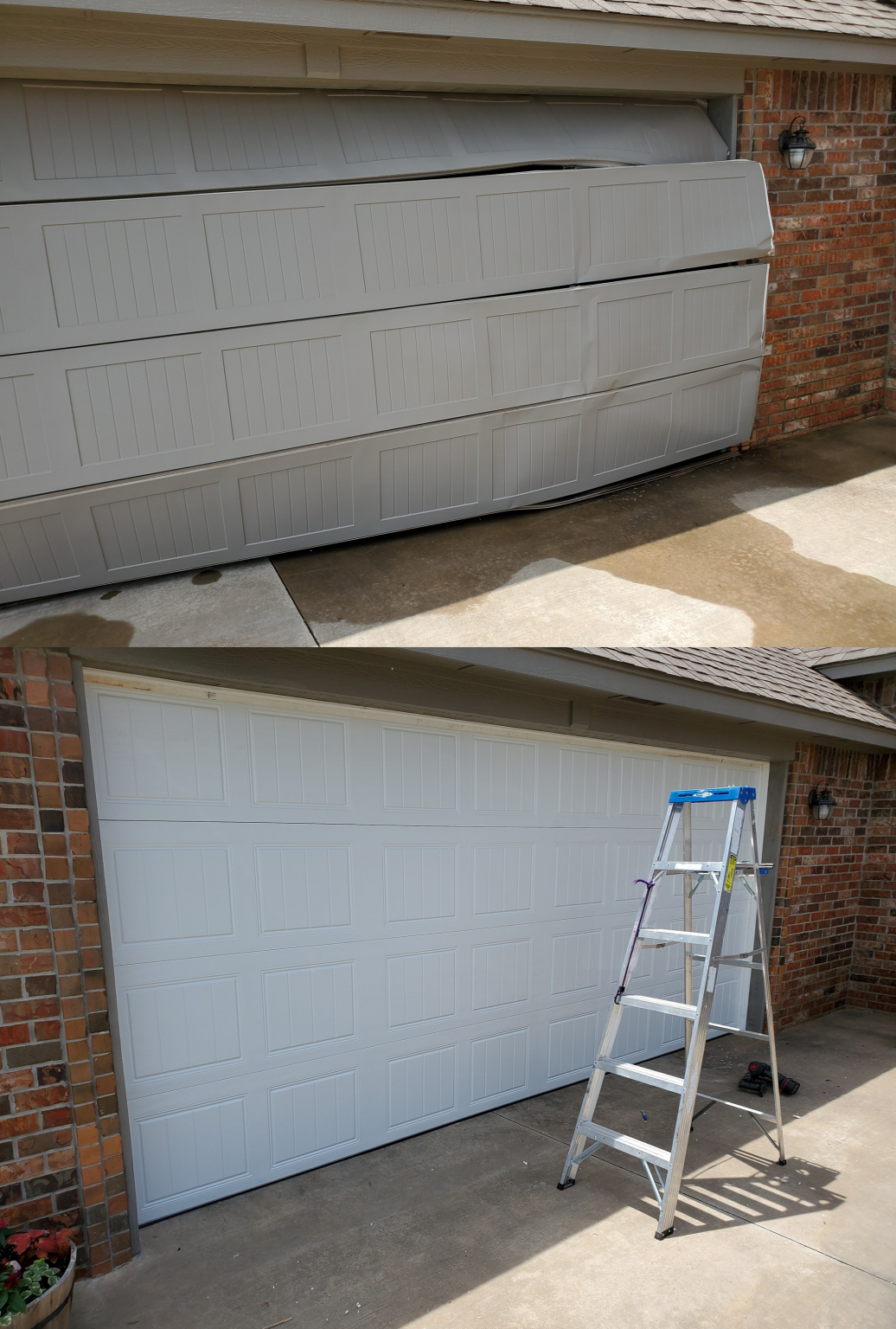 Garage door repair, before and after